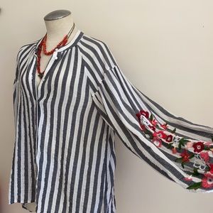 Stripe Gauze Blouse with Floral Embroidered Sleeves